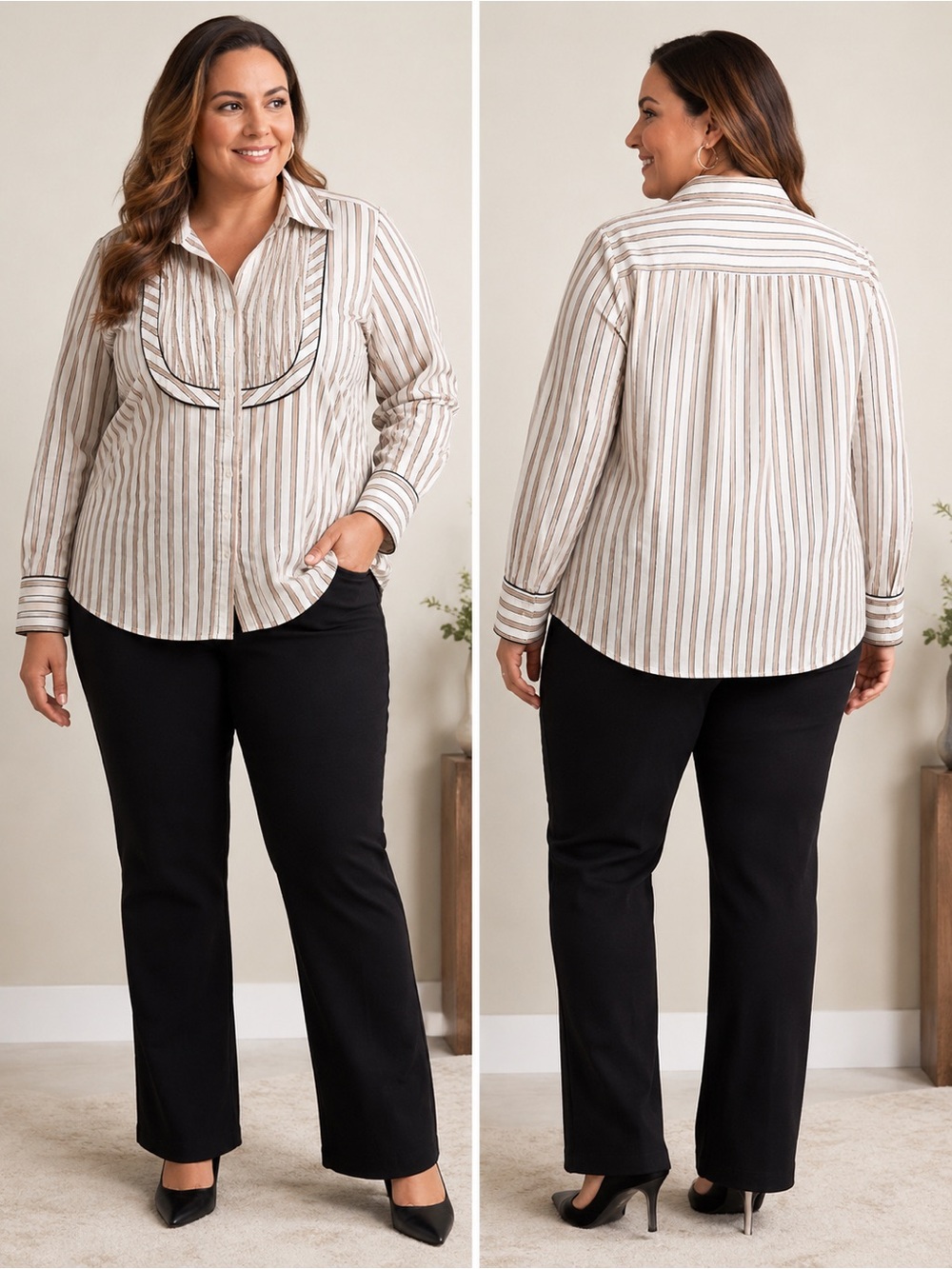 Lane‎ Bryant 18/20 Striped Pintuck Button Front Blouse Career Stretch Plus Size
